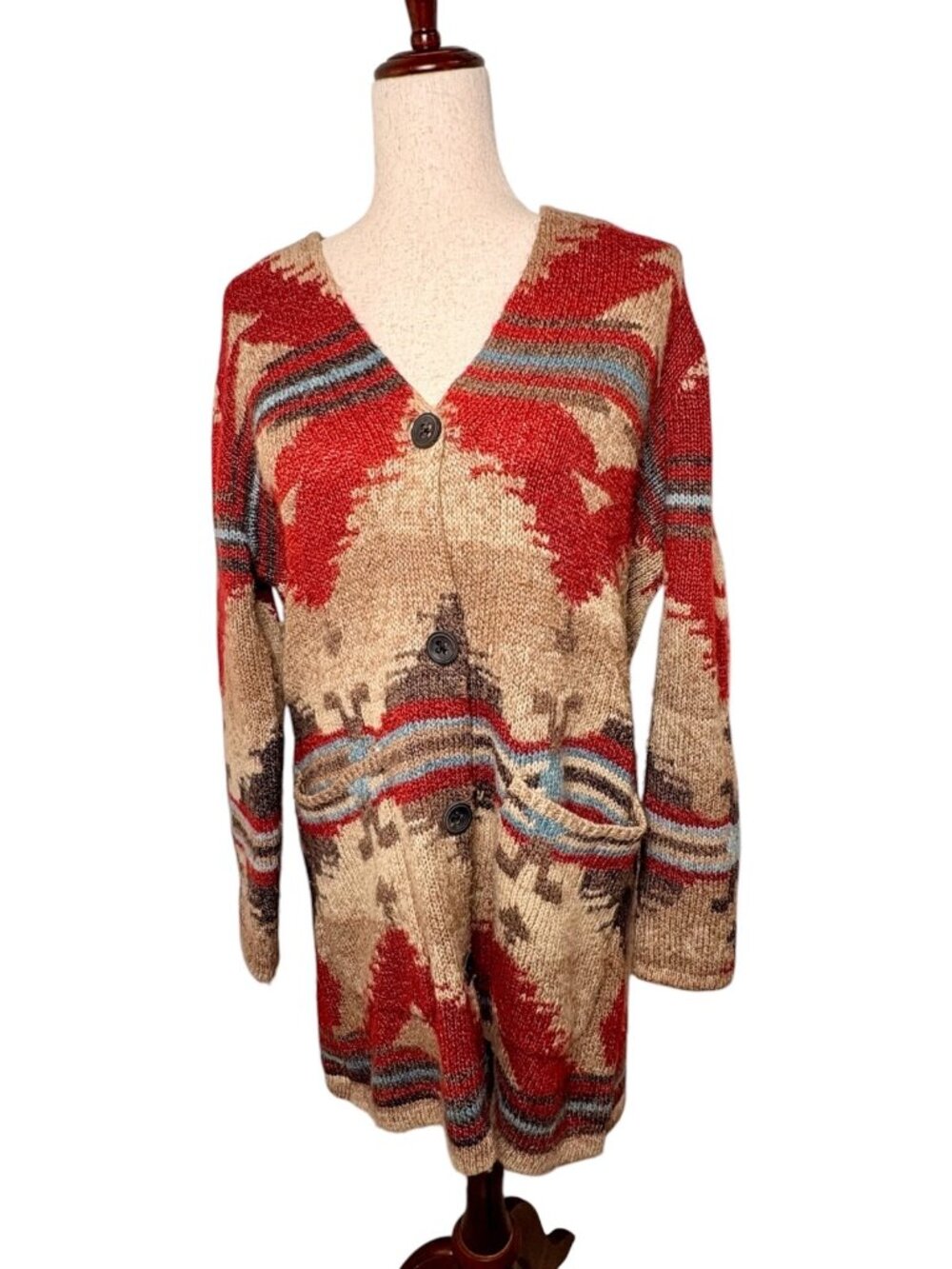 J. Jill Red Tan Southwestern Longline Cardigan Sweater Coat Western Boho Small